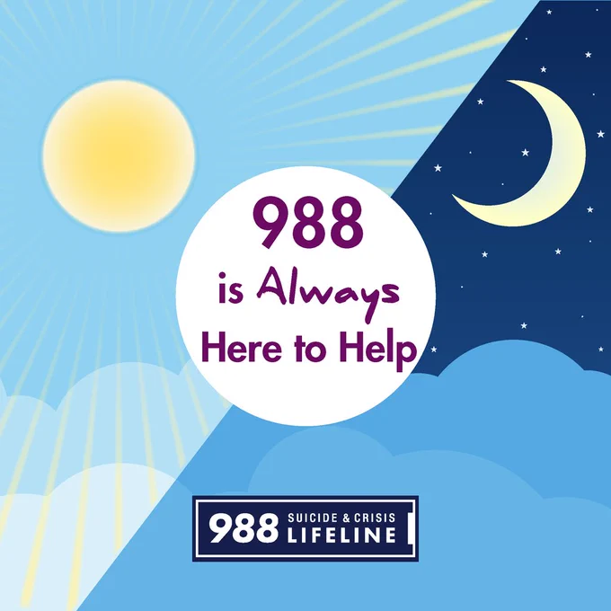 Graphic with a sun and moon and text, “988 is always here to help.”