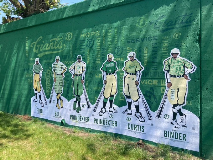 Mural wall with sketches of baseball players 
