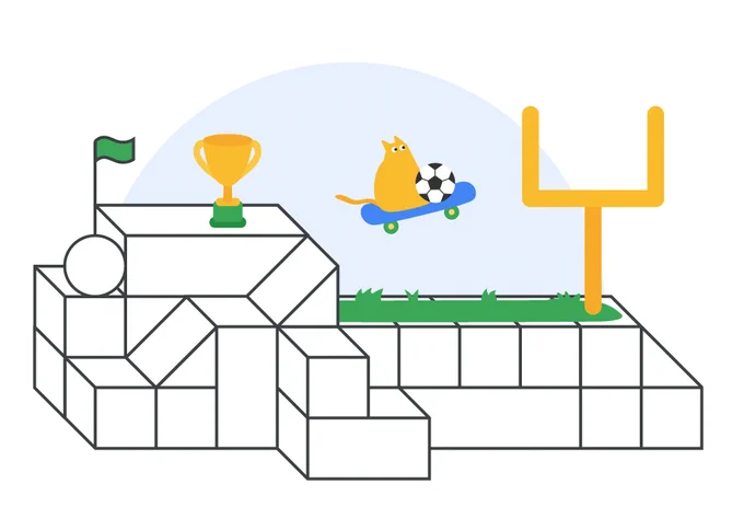Image shows a group of building blocks. On top of the blocks are a flag, trophy, and a cat with a soccer ball on a skateboard jumping over a football field.