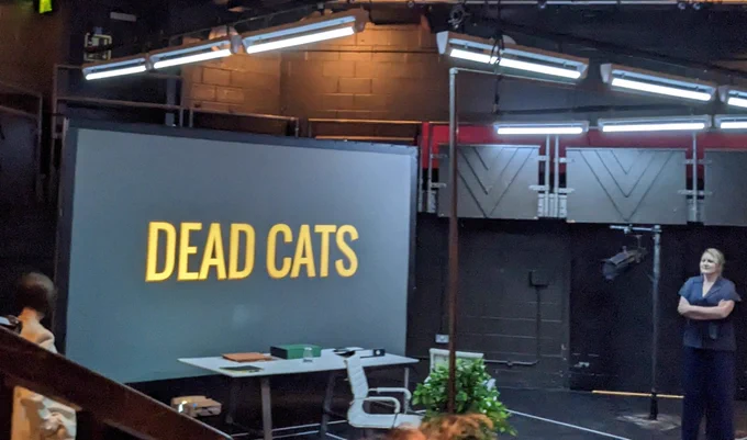 gillian and rachel stand facing each other at opposite ends of the playhouse stage at the crucible theatre

a screen has projected on it the words DEAD CATS in yellow font
