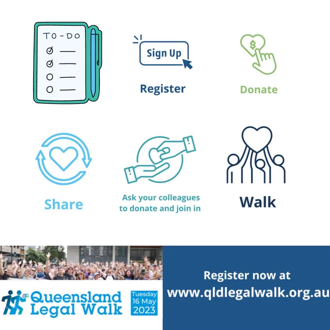 Graphic showing icons for to-do list, register, donate, share, ask your colleagues to donate and join in, walk. Banner across bottom with www.qldlegalwalk.org.au and photo of walkers.