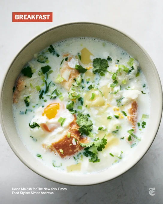 A white soup with bread, eggs and herbs. Photo: David Malosh for The New York Times. Food Stylist: Simon Andrews.