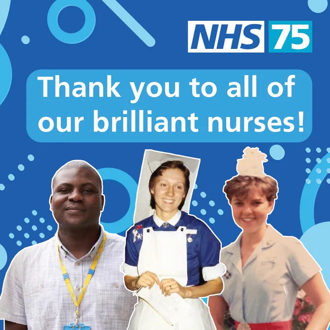 Thank you graphic for nurses. Text: 'Thank you to all of our brilliant nurses!' Image: Three nurses, past and present are shown displayed on the blue celebratory graphic underneath the text. 
