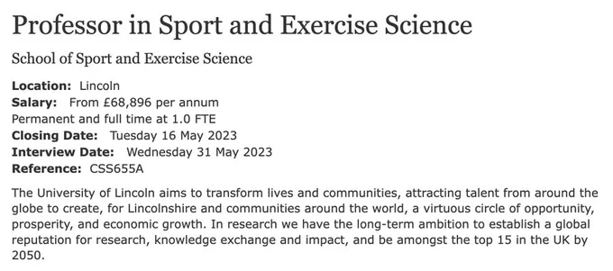 The position description for the Professor in Sport Science, with a deadline of Tuesday 16th May and Interview Date of 31st May.