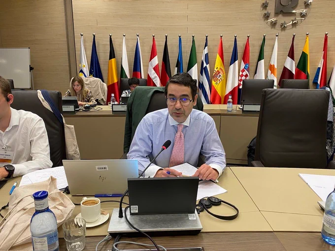 Luis Velasco speaking, behind him the flags of the EU member states