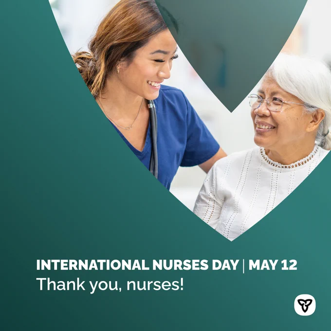 Photo of a nurse and patient. Image Text: “International Nurses Day │ May 12. Thank you, nurses!”