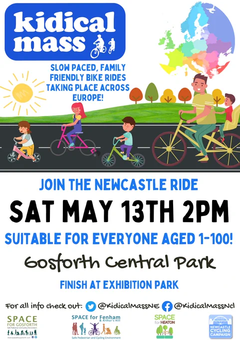 Join the Newcastle ride Sat 13th May 2pm Gosforth Central Park. Suitable for everyone aged 1 to 100. Finish at Exhibition Park.