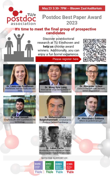 Join us on May 23 in the Blauwe Zaal for TU/e's Best Paper Award event! Nine postdocs will present their research in three-minute pitches, followed by Q&A. See who impresses the jury and audience the most. Enjoy a free borrel!                                                                            
It's time to meet the final group of prospective candidates      
 
Discover postdoctoral research at TU Eindhoven and help us choose award winners. Additionally, you can enjoy a fun borrel experience. 

Click in the QR code to register and see the program
