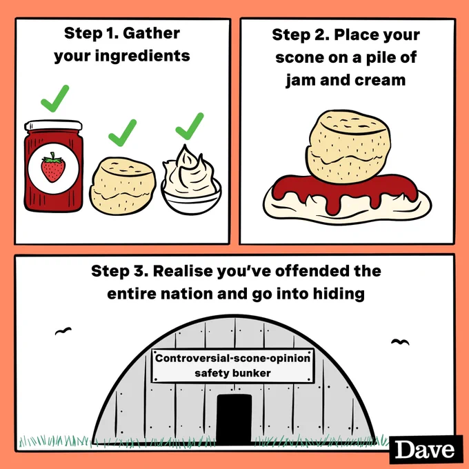 A three panel illustrated instruction manual. Step 1: 'Gather your ingredients' with images of jam, a scone and clotted cream. Step 2: 'Place your scone on a pile of jam and cream'. Step 3: 'Realise you've offended the entire nation and go into hiding'