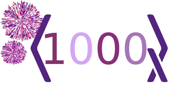 Quantum's journal logo enclosing the number 1000 and surrounded by fireworks, all in shades of violet. 