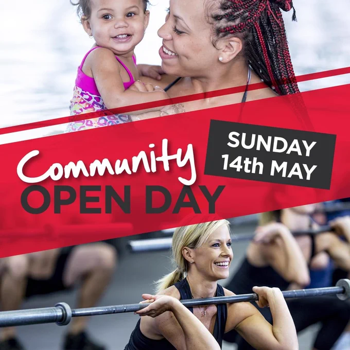The image states Community Open Day Sunday 14 May. It also shows a woman holding a baby and a woman lifting a weight.