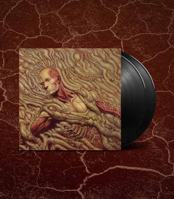 The Scorn vinyl with black discs and artwork depicting a flow of intestinal matter and iconography from the game