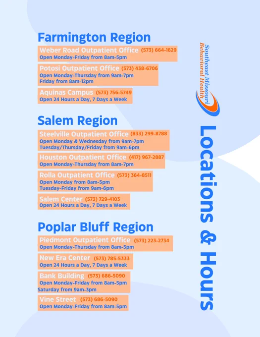 Locations and hours for all Southeast Missouri Behavioral Health sites.