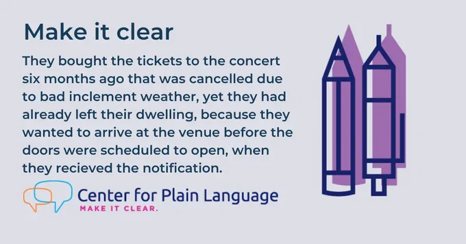 A decorative image says: Make It Clear. They bought the tickets to the concert six months ago that was cancelled due to bad inclement weather, yet they had already left their dwelling, because they wanted to arrive at the venue before the doors were scheduled to open, when they recieved the notification.