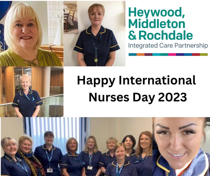 Happy International Nurses Day, five images of nurses smiling. Heywood, Middleton and Rochdale Integrated Care Partnership logo in the top right. 
