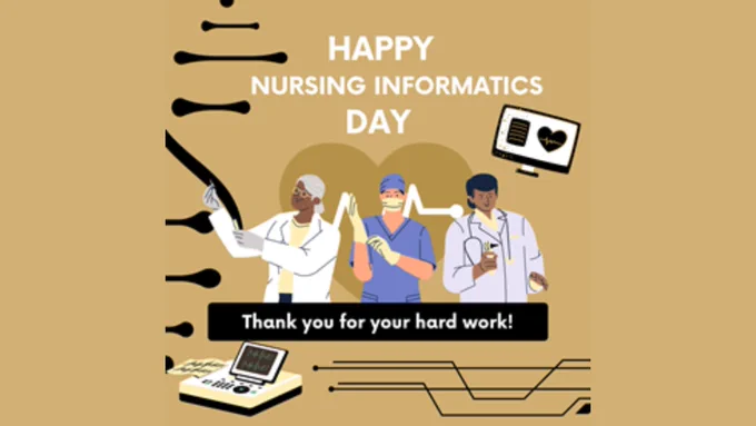 Happy Nursing Informatics Day Thank you for all your hard work! graphic of a nurse