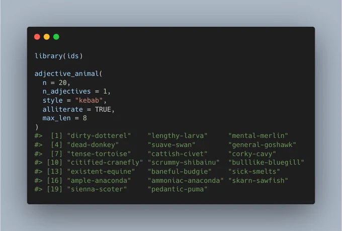 R code demonstrating how to use the ids package to create random readable strings.