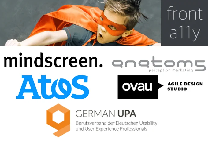 fronta11y Logo with the logo of our sponsors: mindscreen, anatom5, Atos, Ovau, GermanUPA