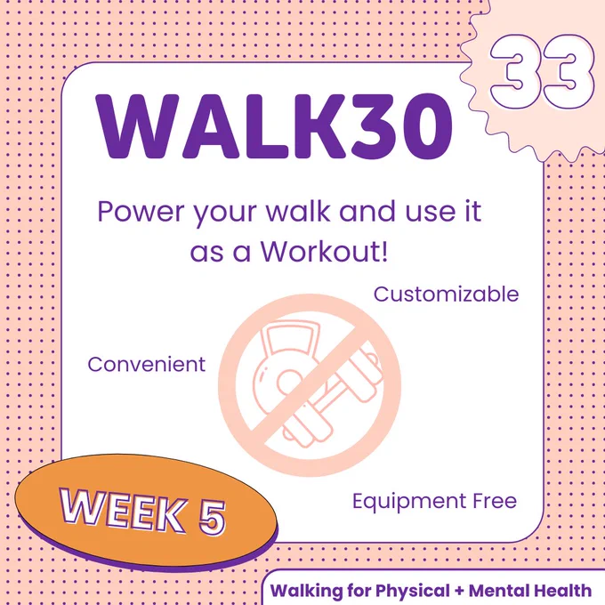 Walk30, week 5, day 33. Text in description. Icon of a no need for gym equipment.