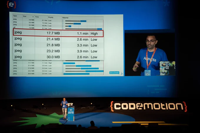 Me on Codemotion Madrid 2023 stage talking about image optimization to improve the user experience