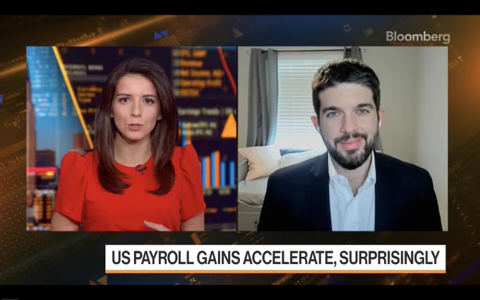 Screenshot of Indeed Economist Nick Bunker being interviewed by the host of Bloomberg TV's "The Close". 