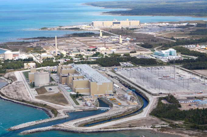 Aerial view of the Bruce A and B nuclear generating stations on the shore of Lake Huron