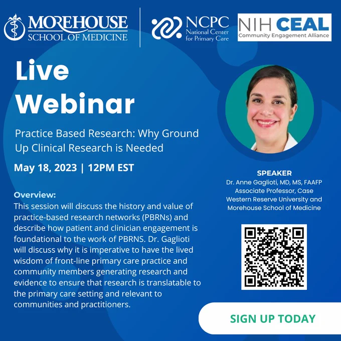 This session will discuss the history and value of practice-based research networks (PBRNs)and describe how patient and clinician engagement is foundational to the work of PBRNS. Dr. Gaglioti will discuss why it is imperative to have the lived wisdom of front-line primary care practice and community members generating research and evidence to ensure that research is translatable to the primary care setting and relevant to communities and practitioners.
A learning series brought to you by The Network for Community-Engaged Primary Care Research (NCPCR)

Objectives:
Understand the history and value of practice-based research networks; Understand how patients can contribute to improving the health of their communities via research engagement; Learn about the history of patient engagement in research in the US