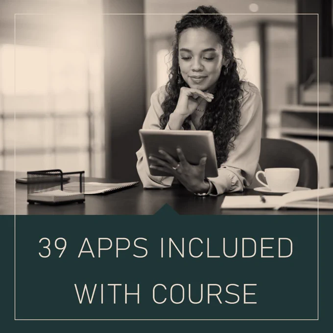 39 courses included with picture of happy looking woman as she learns to code.