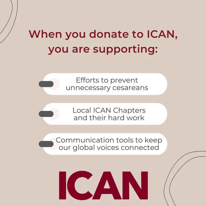 Image text: When you donate to ICAN, you are supporting: efforts to reduce unnecessary cesareans; local ICAN chapters and their hard work; communication tools to keep our global voices connected.