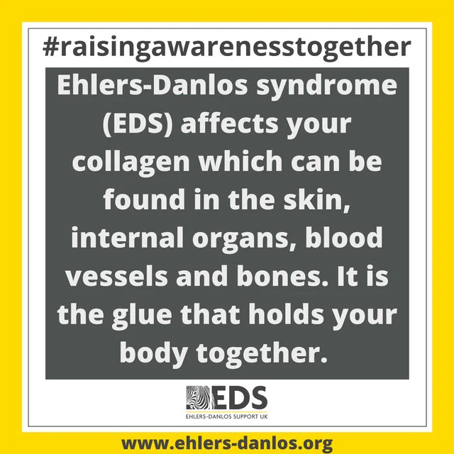 #RaisingAwarenessTogether Ehlers-Danlos syndrome (EDS) affects your collagen which can be found in the skin, internal organs, blood vessels and bones. It is the glue that holds your body together. EDS UK logo ehlers-danlos.org