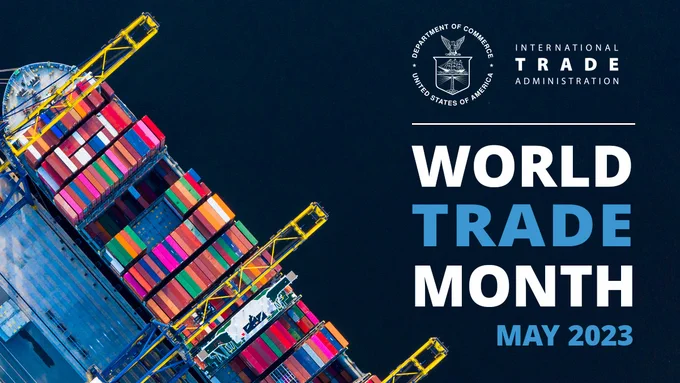 graphic with cargo ship on left and ITA logo and World Trade Month May 2023 on the right