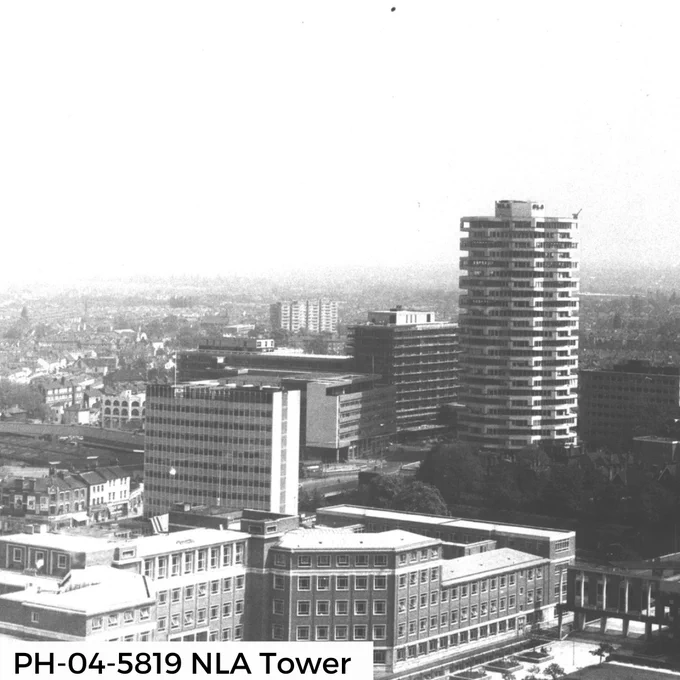 Black and white photo of Croydon skyline of tower blocks including the NLA Tower (also known as the 'Threepenny Bit' building.