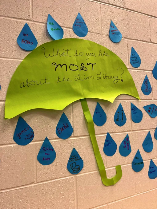 Umbrella display asking “What do you like most about the Lion Library” with responses written on rain drops
