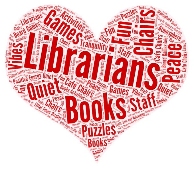 Heart shaped word art with words that patrons used to describe their favorite thing about the Lion Library