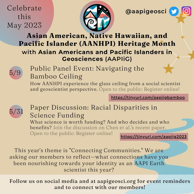 Celebrate this May 2023, May is Asian American Native Hawaiian, and Pacific Islander (AANHPI) Heritage Month with Asian Americans and Pacific Islanders in Geosciences (AAPIiG)

5/9 Public Panel Event: Navigating the Bamboo Ceiling. How AANHPI experience the glass ceiling from a social scientist and geoscientist perspective. Open to the public. Register online! https://tinyurl.com/aapiigbamboo

5/31 Paper Discussion: Racial Disparities in Science Funding. What science is worth funding? And who decides and who benefits? Join the discussion on Chen et al.'s recent paper. Open to the public. Register online! https://tinyurl.com/aapiig2023

This year's theme is "Connecting Communities." We are asking our members to reflect-- what connections have you been nourishing towards your identity as an AAPI Earth Scientist this year?

Follow up on social media and at aapigeosci.org for event reminders and to connect with our members!