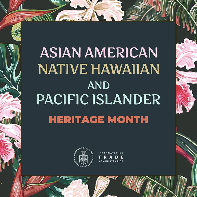 Illustration featuring the ITA logo, floral patterns, and text that reads: Asian American, Native Hawaiian, and Pacific Islander Heritage Month.