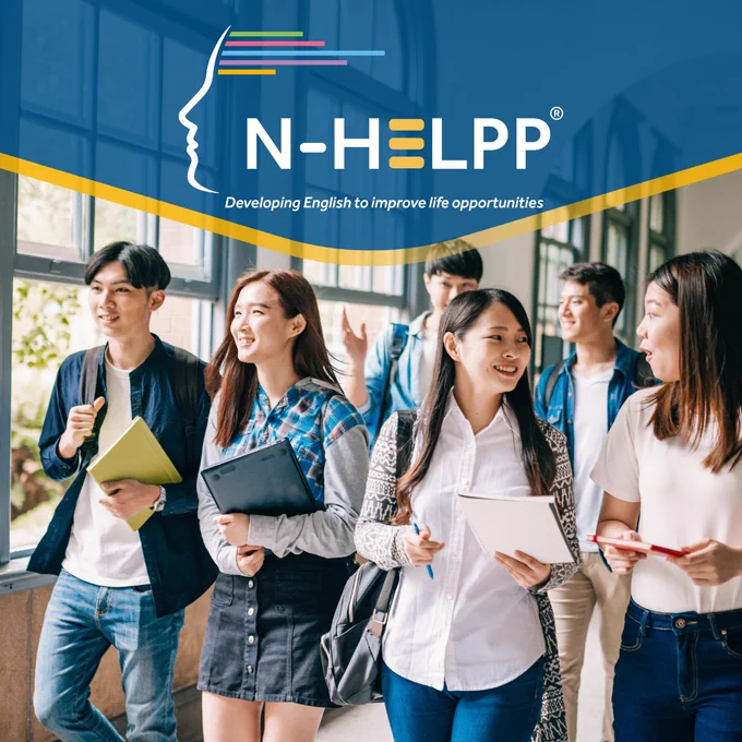 N-HELPP logo on a blue banner with gold trim over an image of students walking and talking in a school hallway.
