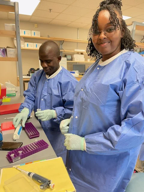 Two researchers wearing lab coats work on a laboratory and handle samples in small tubes