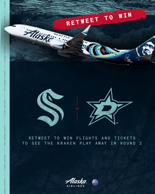 Blue graphic with image of Kraken-themed alaska airlines plane

text in red says Retweet to win

kraken & stars logo in center