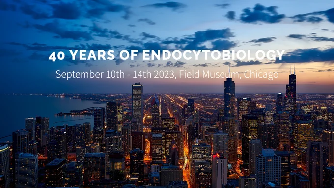 Conference poster with photograph of skyline of Chicago (USA), plus text reading "40 YEARS OF ENDOCYTOBIOLOGY, September 10th - 14th 2023, Field Museum, Chicago".