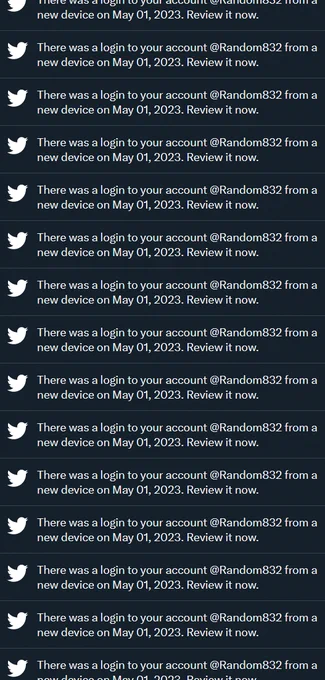 Screenshot of "There was a login to your account @Random832 from a new device on My 01, 2023. Review it now." repeated 15 times.