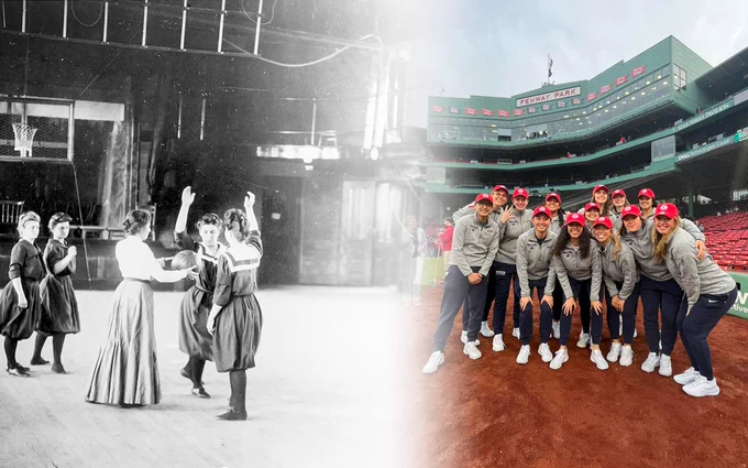 Split photo with the left side featuring a black and white image of five women about to engage in the first-ever women's basketball game. On the right, the Smith Pioneers Basketball Team poses at Fenway Park wearing Red Sox hats.