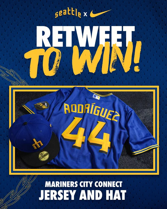RETWEET TO WIN!

[PHOTO OF JULIO RODRÍGUEZ CITY CONNECT JERSEY AND HAT]

MARINERS CITY CONNECT JERSEY AND HAT