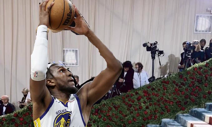A bad photoshop of Kevon Looney pulling down an offensive board at the Met Gala.
