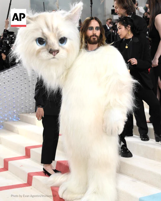 Jared Leto holds the head of his white cat suit on the Met Gala carpet. 