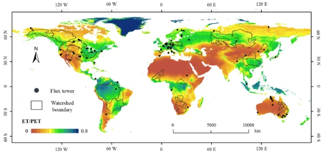 Map of flux sites and river basins used in this study. Flux sites and river basins are labelled by black points and polygons, respectively. The map background is a moisture index, represented by the averaged ratio of actual ET divided by potential evapotranspiration (ET/PET) from 2003 to 2018, as provided by GLDAS v2.1.