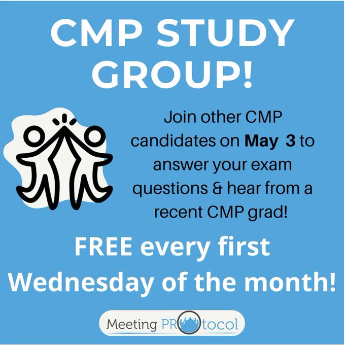 Image with blue background advertising a CMP Study Group the evening of May 3