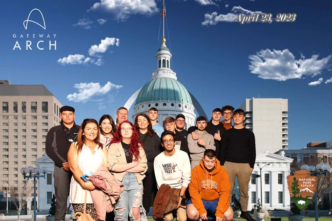 A photo taken of the students together at the Gateway Arch, April 23, 2023.