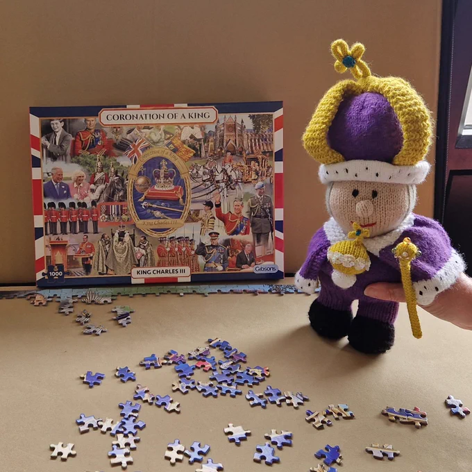 coronation jigsaw and knitted representation of the king