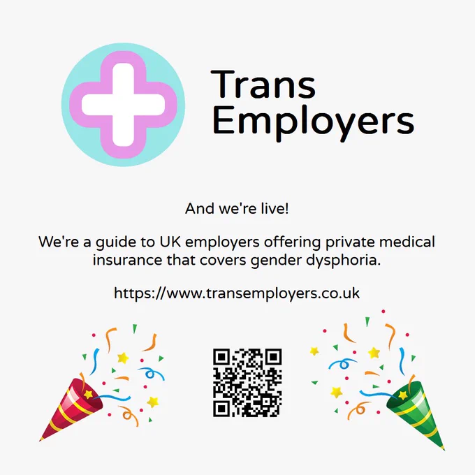 Post advertising website. Text reads: 'Trans Employers - And we're live! - We're a guide to UK employers offering private medical insurance that covers gender dysphoria. - https://www.transemployers.co.uk'